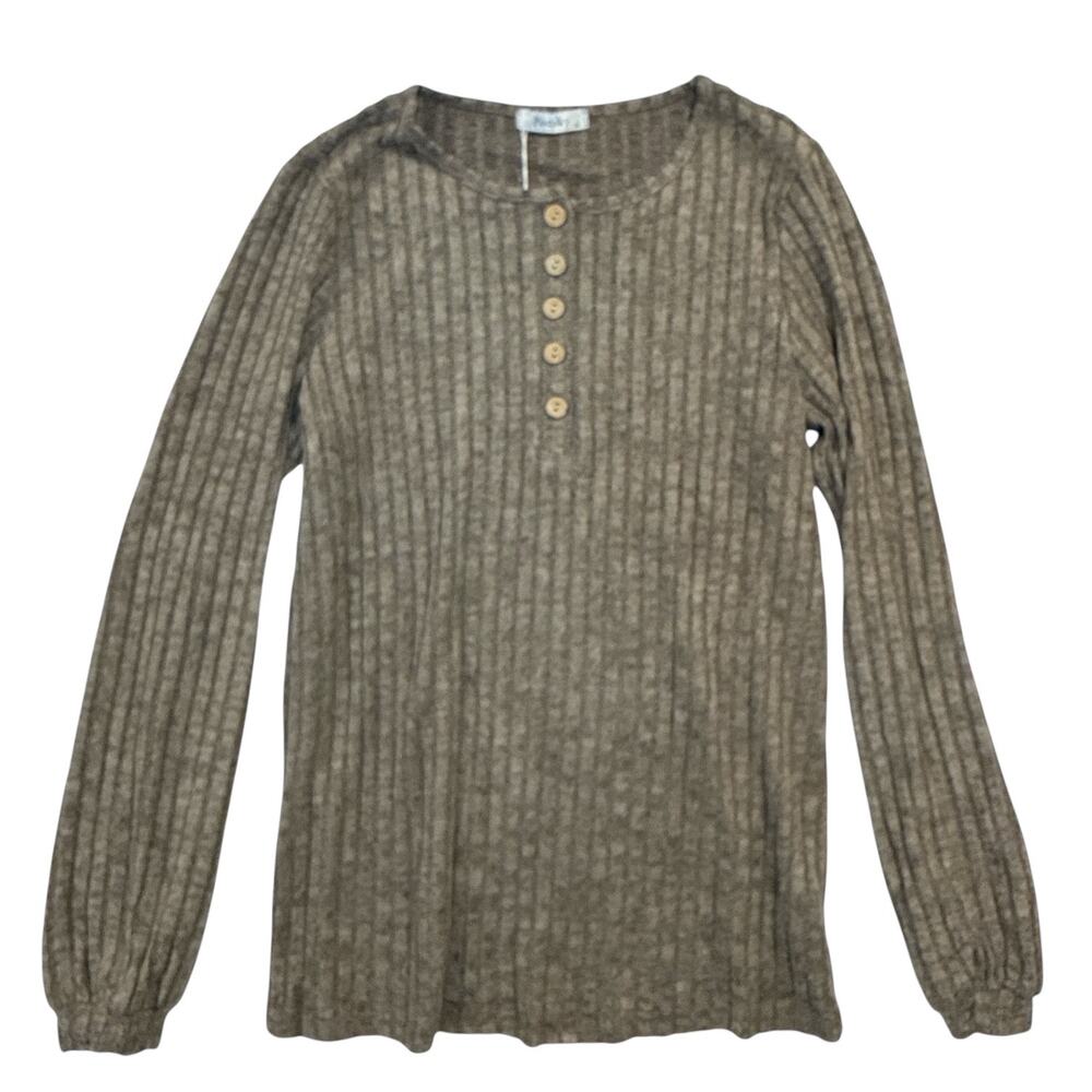 Poetsky Lightweight Ribbed Knit Henley Sweater Top Semi-Sheer Women’s Size M NEW